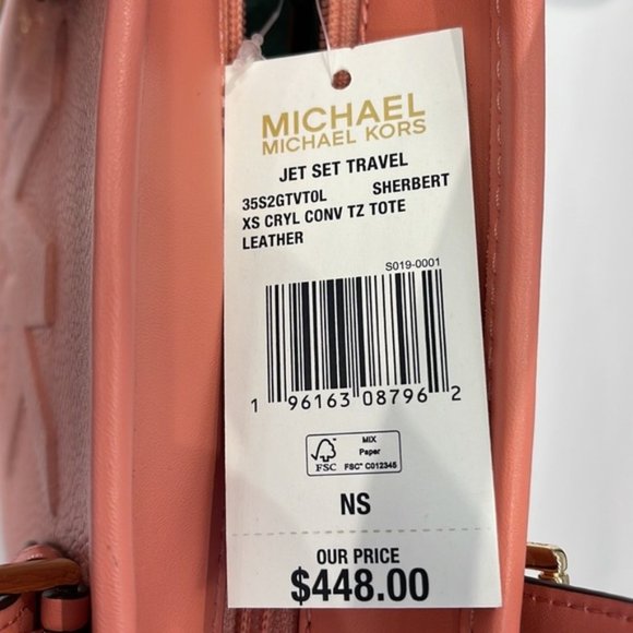 Michael Kors Jet Set Travel XS Embossed Pebbled Leather Tote Bag Sherbert - Picture 3 of 16